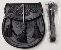 Sporran, Zwart, leer, celtic, pin, 3 tassels